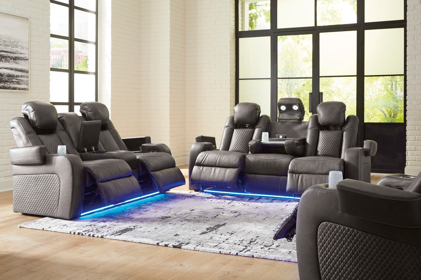 Fyne Dyme living room set with accessories and compartments open