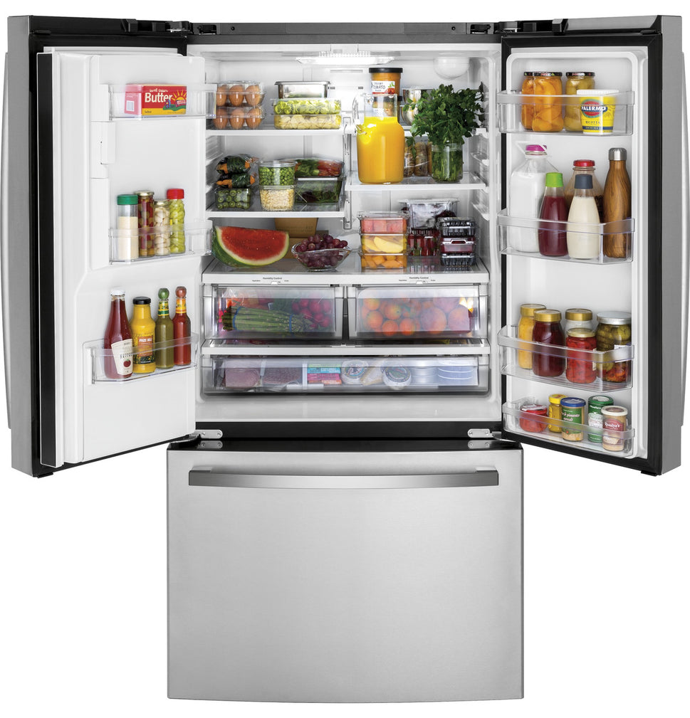 GE 27.0 Cubic Foot French Door Refrigerator with Quick Space Shelf, Deli Drawer, LED Lighting, Ice Maker, Internal Water Dispenser, Fingerprint Resistant in Stainless Steel