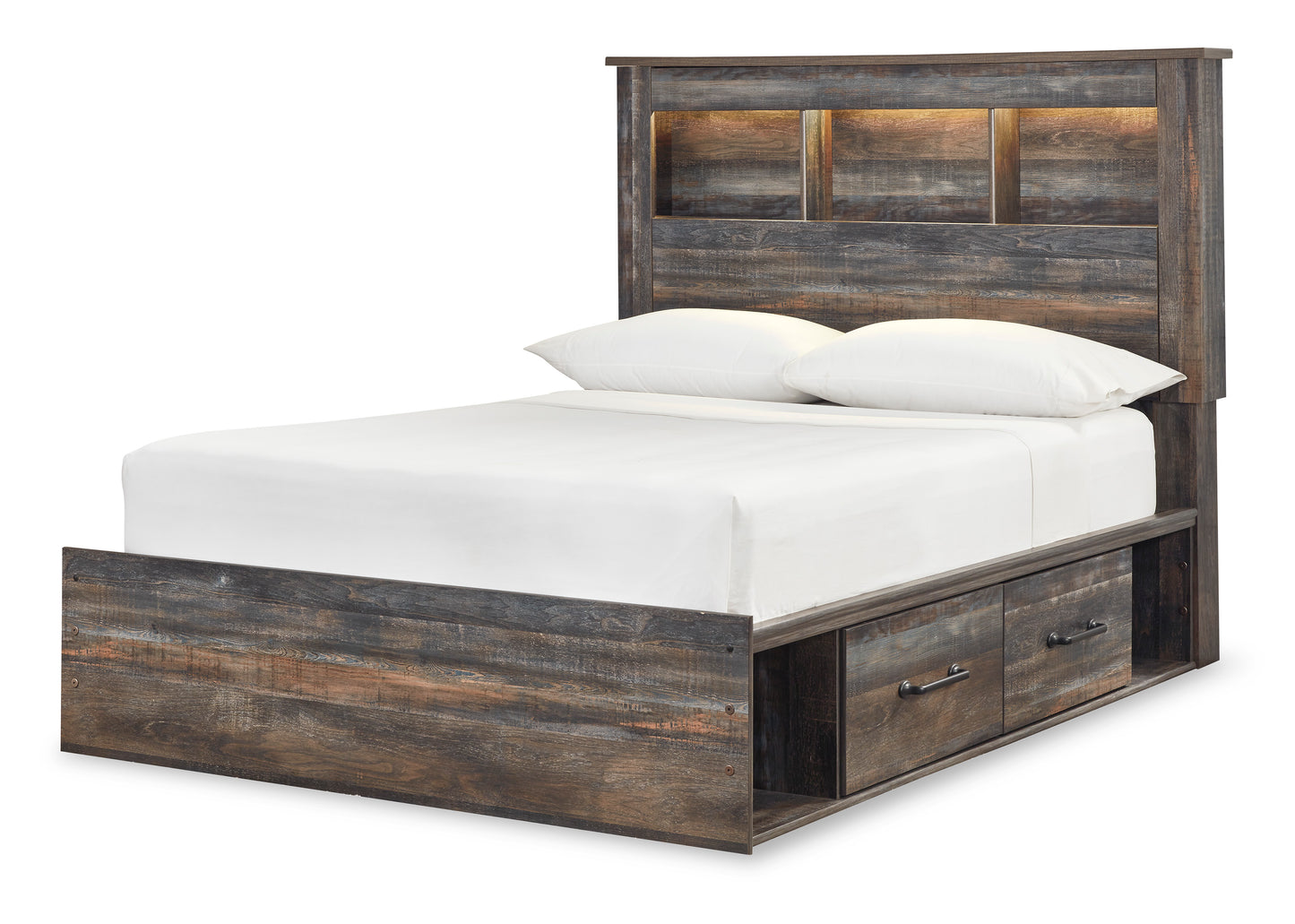 Drystan queen bed with bookcase headboard and storage