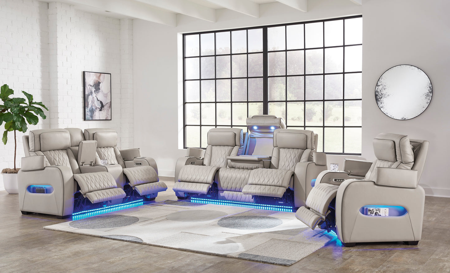 Boyington living room set with blue LED lights on and compartments open grey