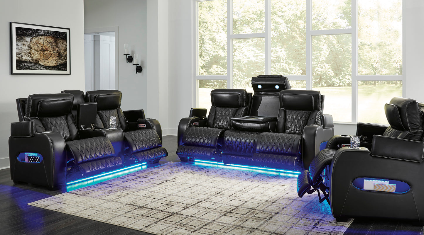 Boyington living room set with blue LED lights on and compartments open black